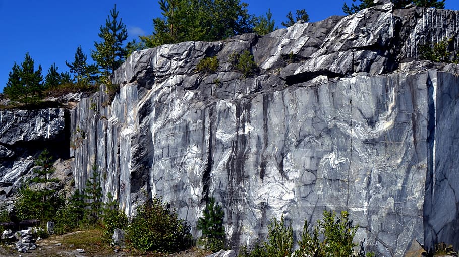 gray stone cliff, marble, grey, quarry, ruskeala, marble quarrying HD wallpaper