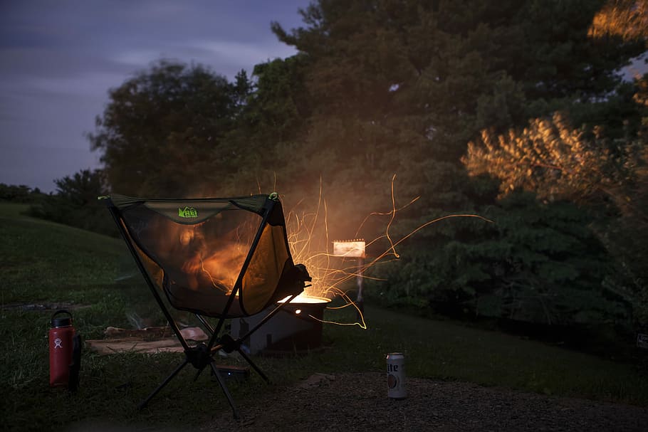 camper chair beside firepit beside trees, fire pit in front of camping chair, HD wallpaper