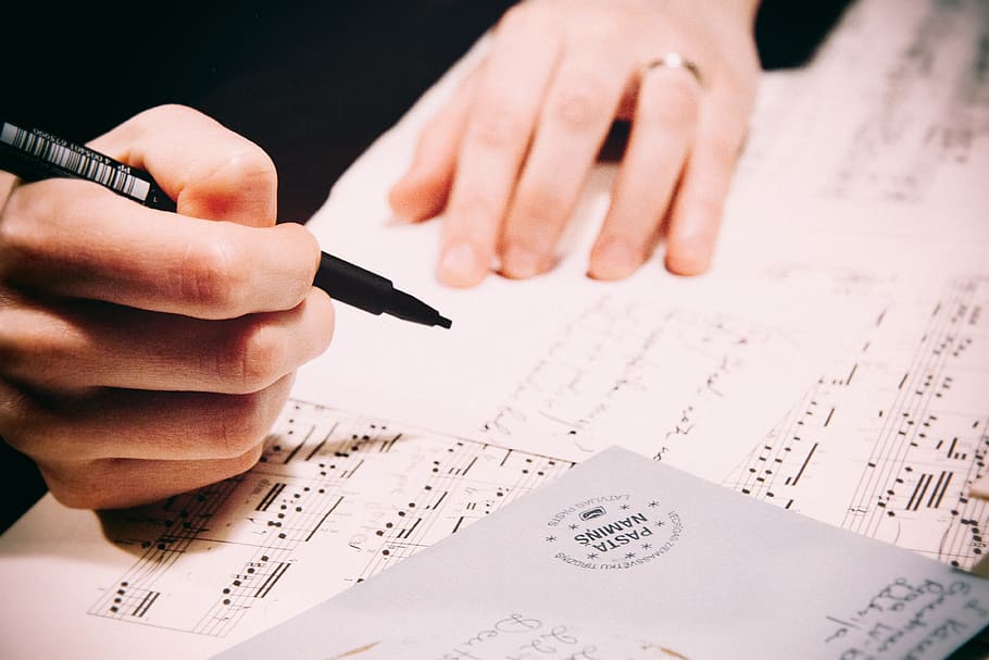 white printerpaper, writing, notes, hands, creativity, music HD wallpaper