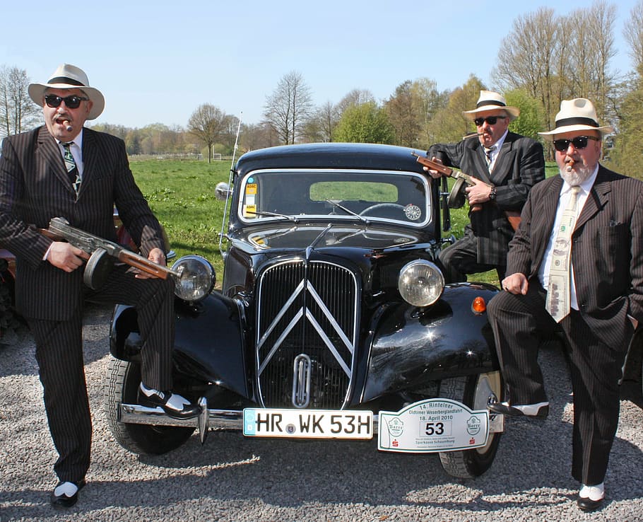 three men standing beside black vehicle, oldtimer, mafia, citroen HD wallpaper