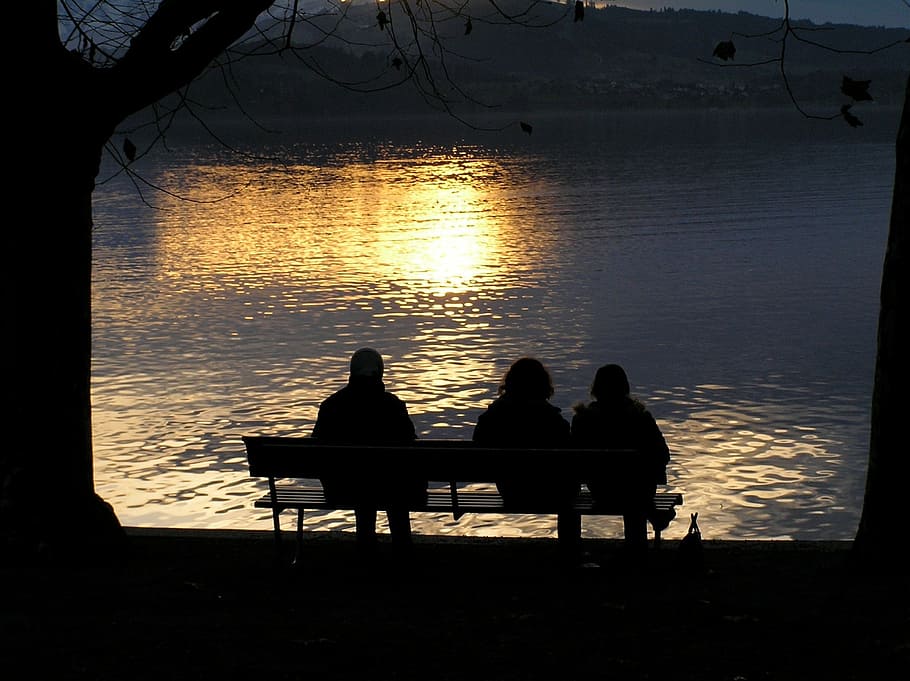 three people sitting on bench near lake, human, bank, rest HD wallpaper