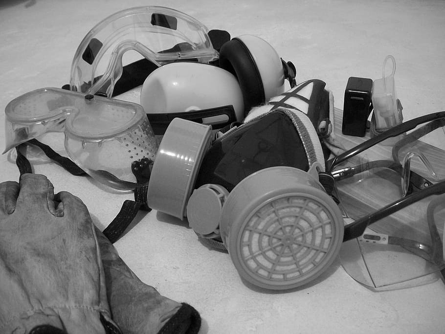 grayscale photo of gas mask beside gloves, security element HD wallpaper
