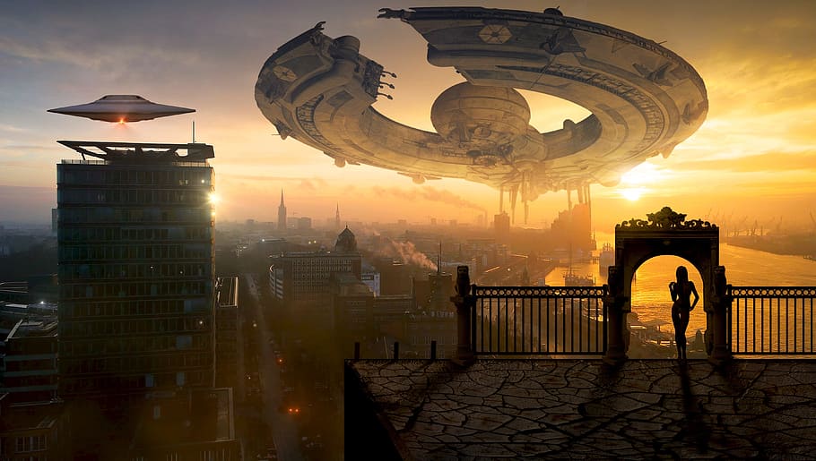 white space craft hovering above buildings during sunset, fantasy