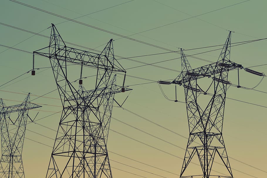 three transformer towers, infrastructure, wires, electricity HD wallpaper