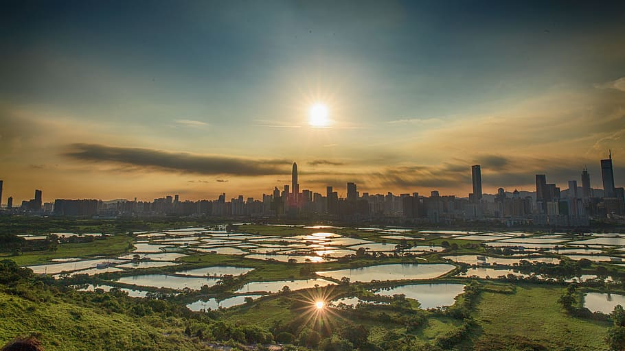 sunset, fish ponds, building exterior, architecture, built structure HD wallpaper