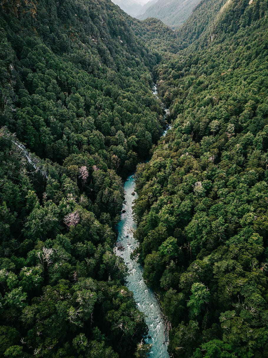 body of water between two mountains, river between green trees and mountains in aerial photography HD wallpaper