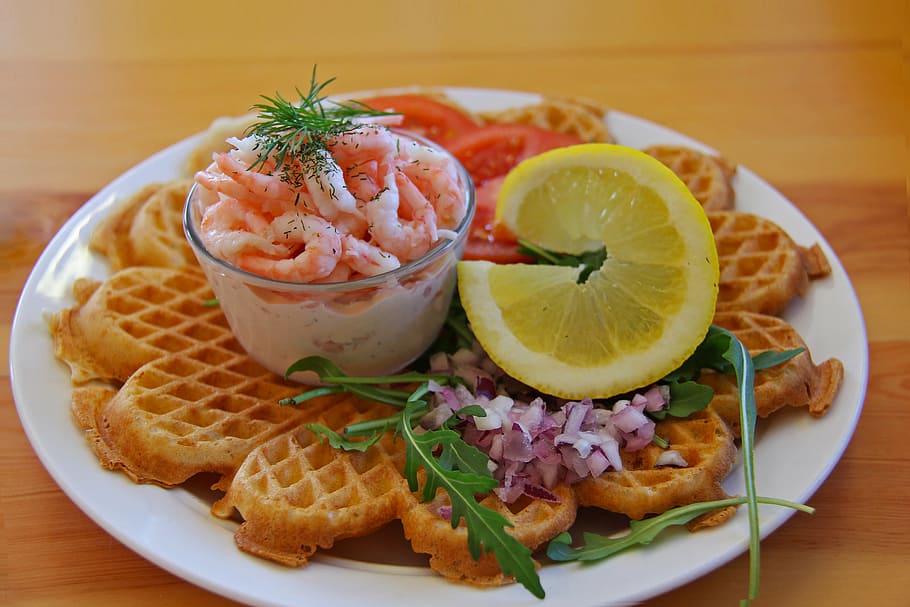 lunch, meal, prawn, lemon, pancake, tomato, traditional, fusion HD wallpaper