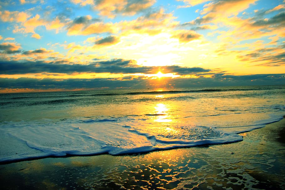 seashore during golden hour, sunrise, sky, beach, surf, nature HD wallpaper