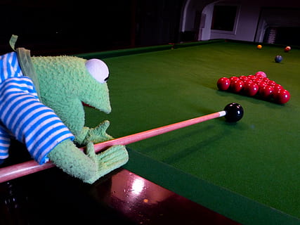 kermit, frog, billiards, balls, black, play, table, company HD wallpaper