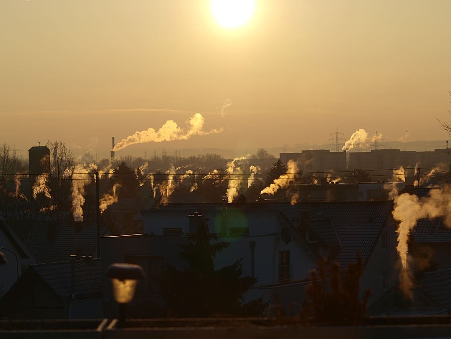 buildings with smokes at golden hour, sun, sky, sunset, abendstimmung HD wallpaper