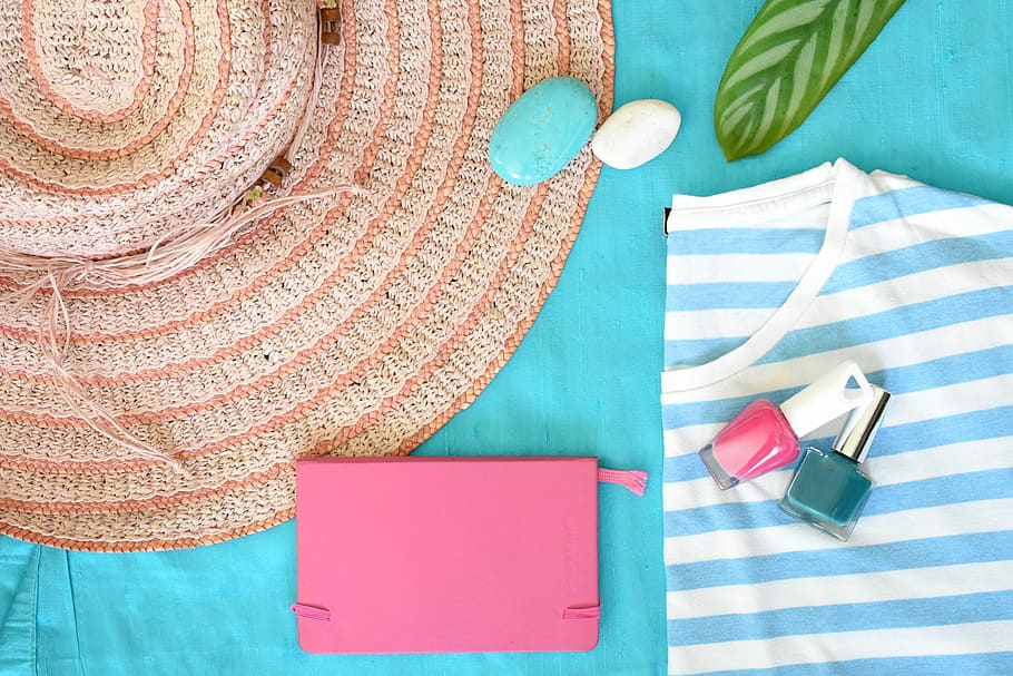 two pink and green nail lacquer on blue and white striped shirt HD wallpaper