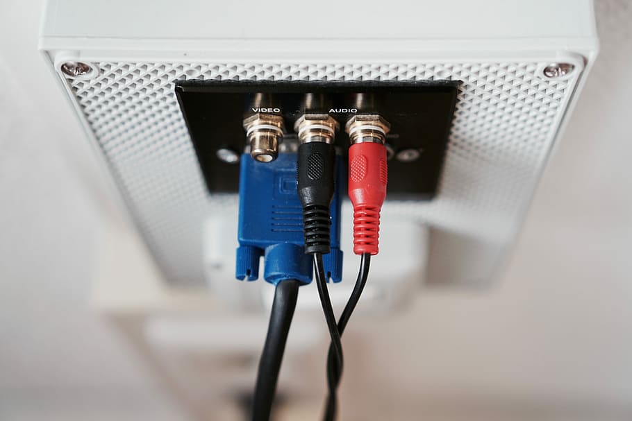 Audio and video connectors, VGA cable and two RCA cables, computer, HD wallpaper