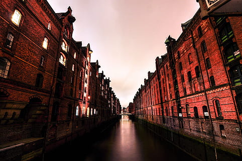 river between buildings, hamburg, canal, passage, water, city HD wallpaper
