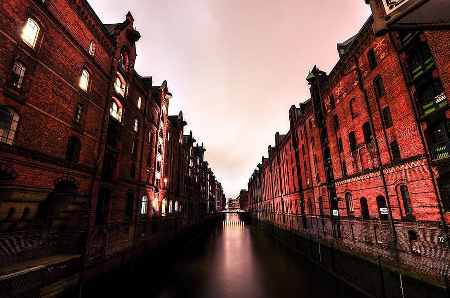river between buildings, hamburg, canal, passage, water, city HD wallpaper