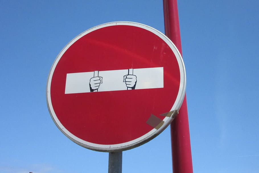 panel, humor, no entry, prison, prisoner, road sign, logo, communication HD wallpaper