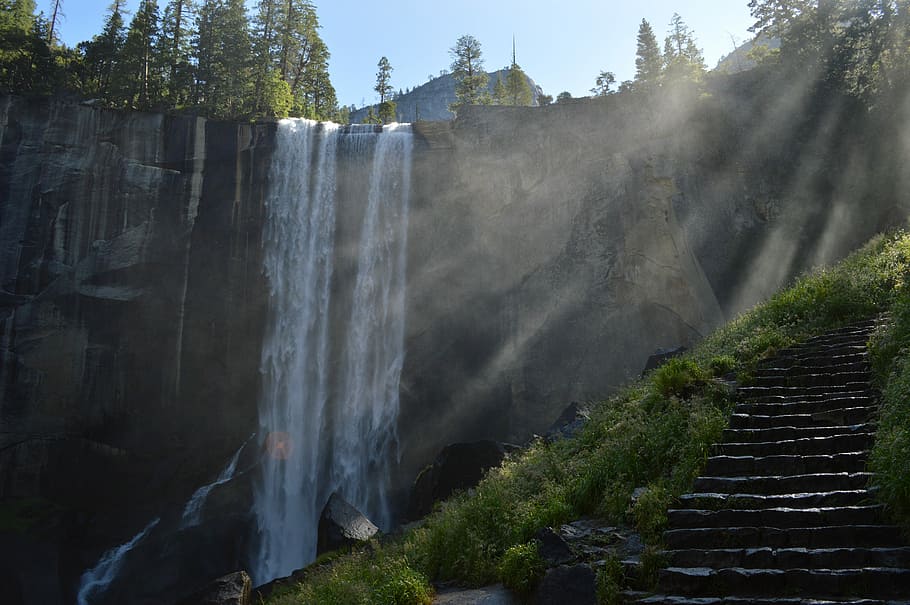 man-made stairs near waterfalls, waterfalls during daytime, tree HD wallpaper
