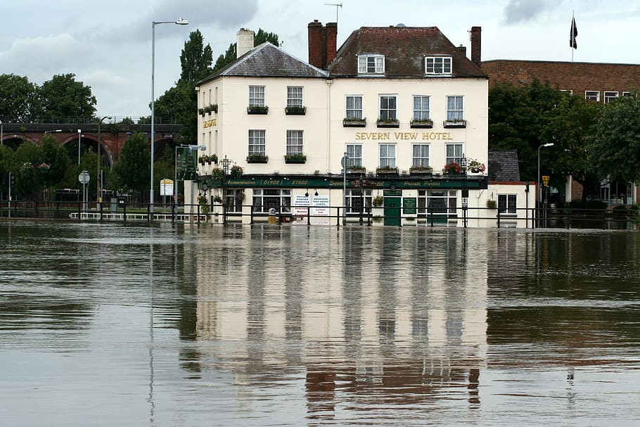 floods, pub, riverside, town, water, architecture, building exterior HD wallpaper