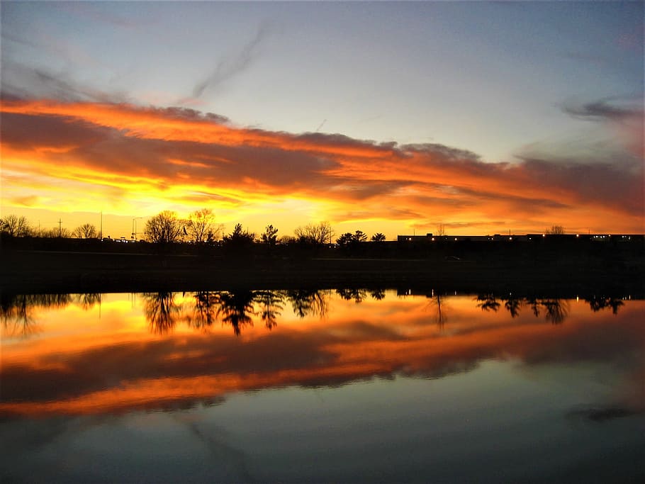 sunset, water, reflection, ankeny, orange, horizon, sky, tranquility HD wallpaper