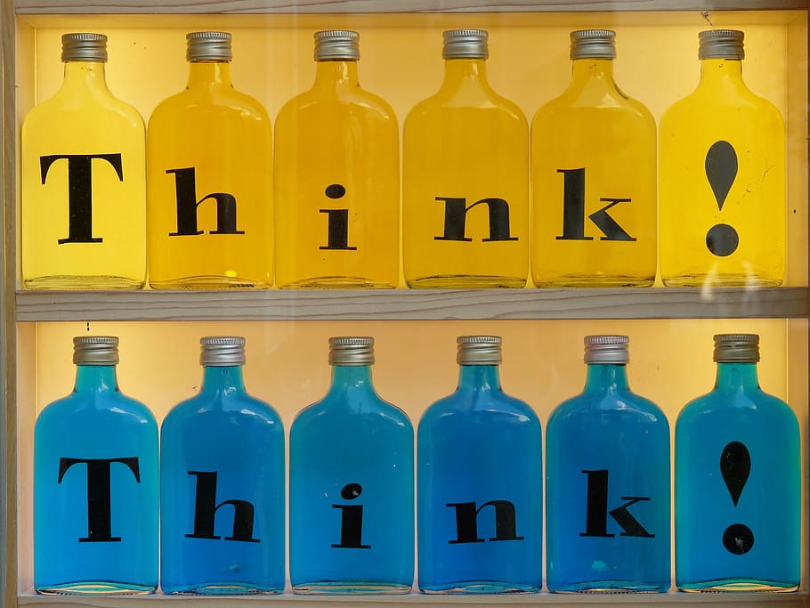 Bottles, Imprint, Glass, Think, Yellow, blue, colorful, gaudy HD wallpaper