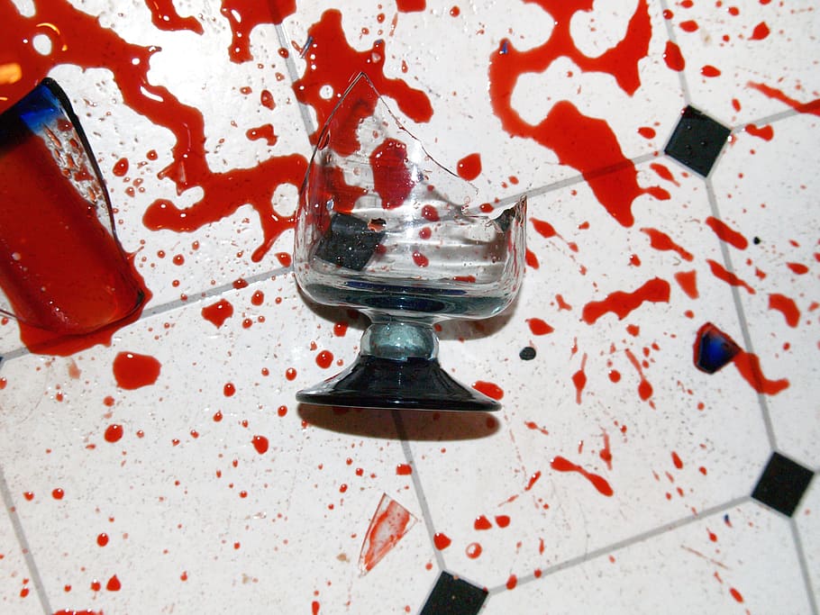 broken footed glasses with red tint scattered on floor, spill, HD wallpaper