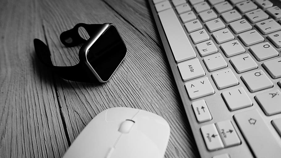 shallow focus of white Apple mouse, smart watch, keyboard, desk HD wallpaper