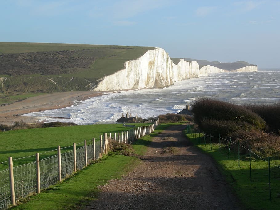 Seven Sisters, Sussex, England, white cliffs, coastline, walking trail, HD wallpaper