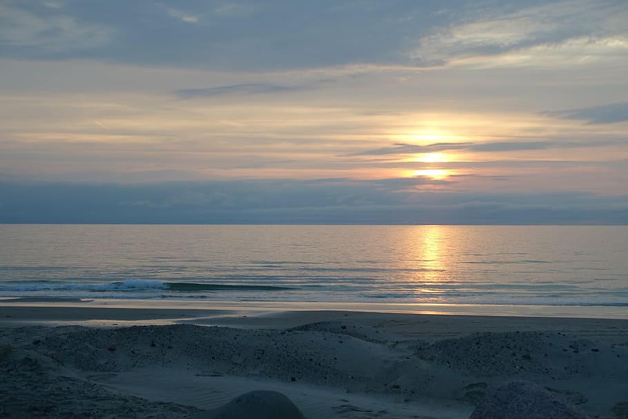 beach, evening, sky, sea, mood, holiday, water, sunset, twilight HD wallpaper