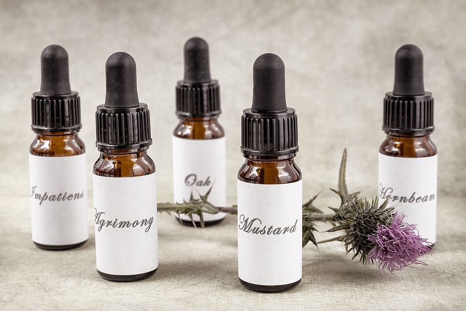 five assorted-labeled dropper bottles, bach, flower, remedy, essence, HD wallpaper