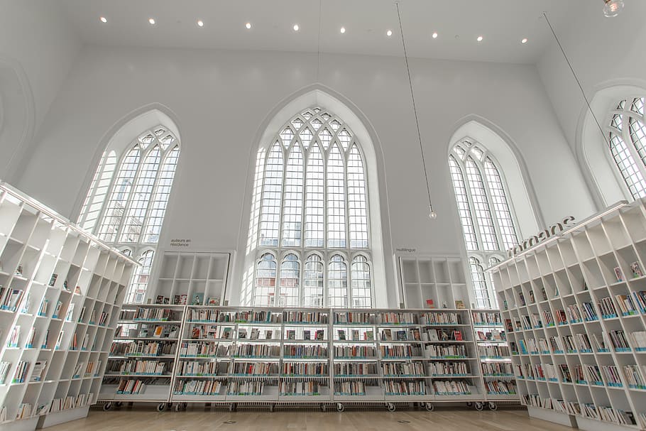 books in white wooden bookshelves, library, church, architecture, HD wallpaper