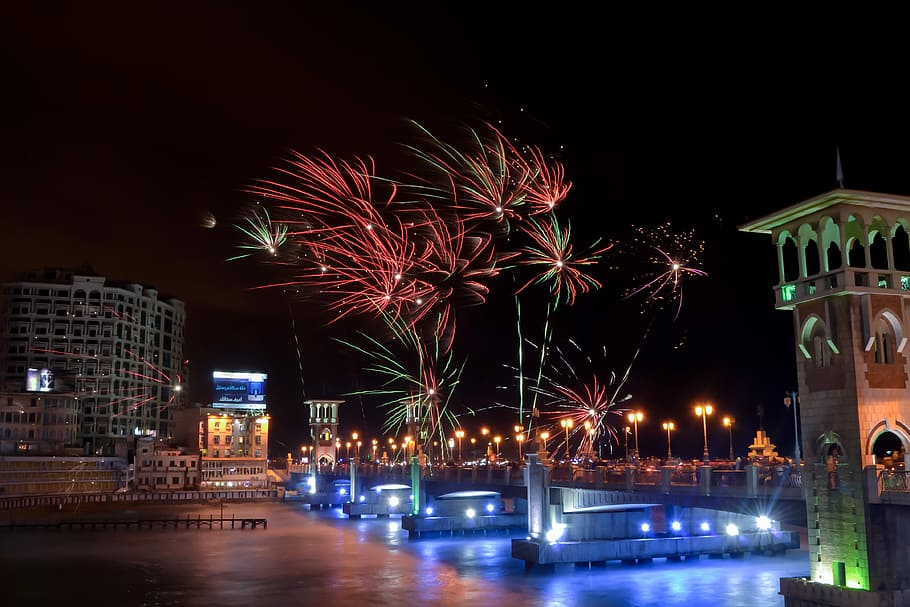 Stanley Bridge, Alexandria, Egypt, firework, fireshow, night HD wallpaper