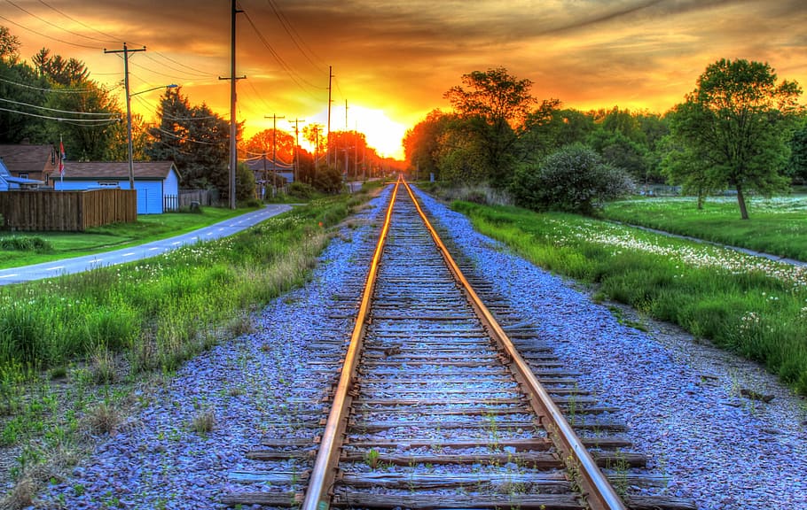 train rail beside grasses, tracks, railway, sunset, hdr, red