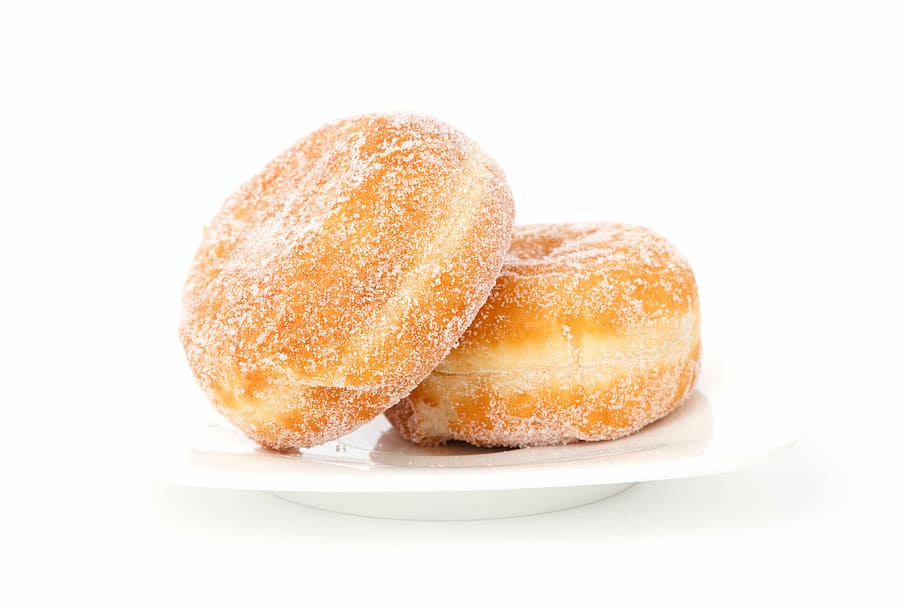 two doughnuts with sugar in saucer, berliner, breakfast, bun