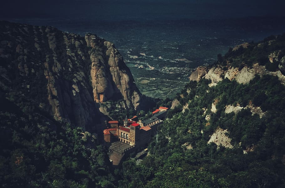 aerial photography of castle, rock, mountain, valley, tree HD wallpaper