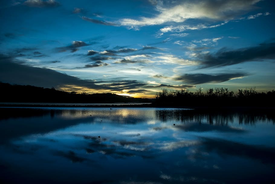 photograph of calm body of water beside trees, reflection, sky HD wallpaper