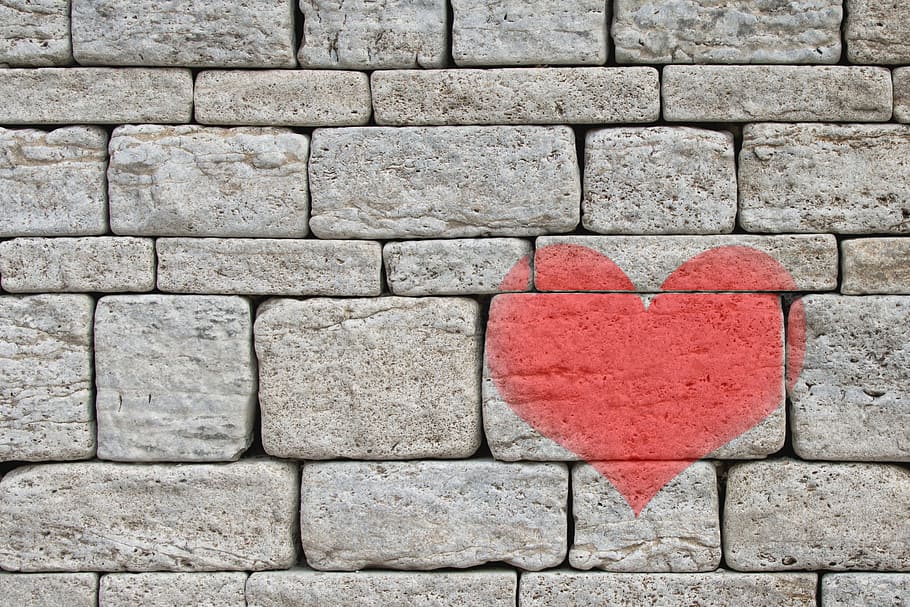 heart print grey concrete brick wall, stones, background, painted