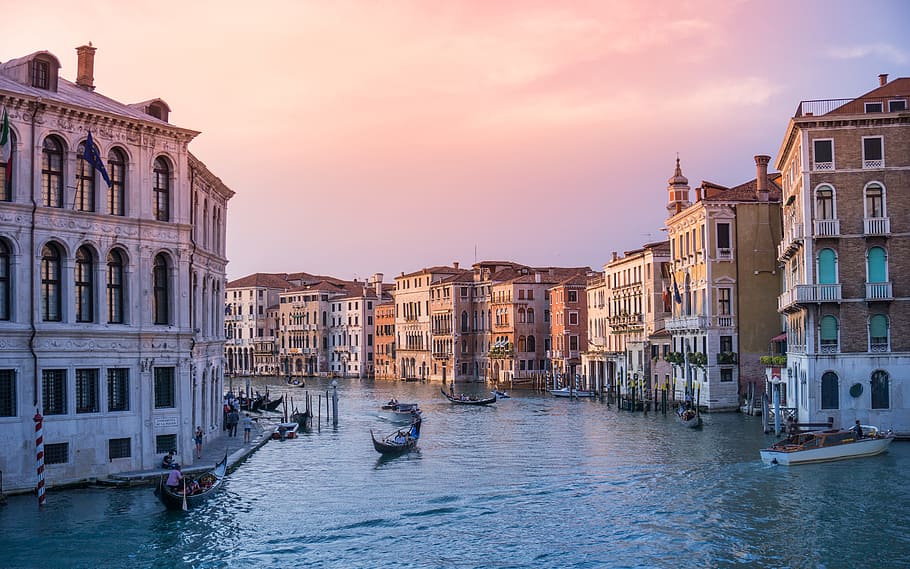 photo of gondolas on body of water between buildings, Sunset in Venice HD wallpaper