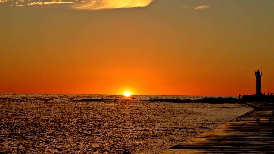 sunset, orange, breakwater, riga, latvia, sky, nature, landscape HD wallpaper