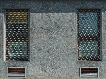 photo of gray concrete building, gray concrete building with window with grill and vent HD wallpaper