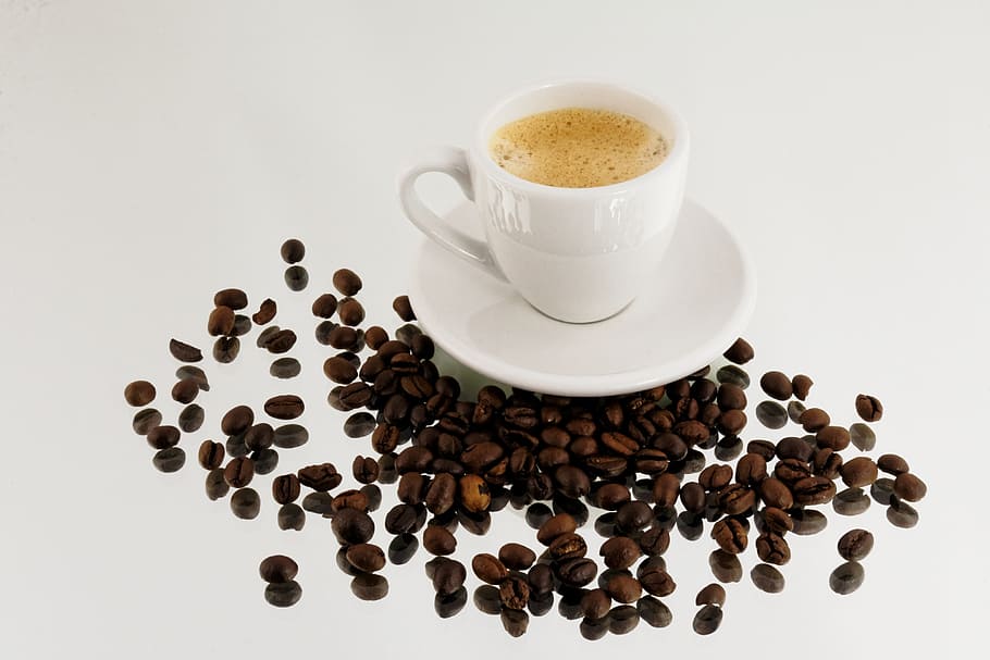 white ceramic mug on coffee beans, espresso, coffee cup, coffee - drink HD wallpaper