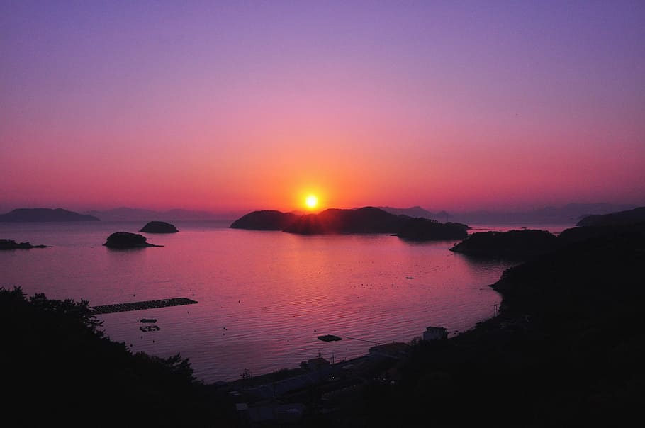 silhouette of mountain during sun set, laguna, bay, sunset, violet