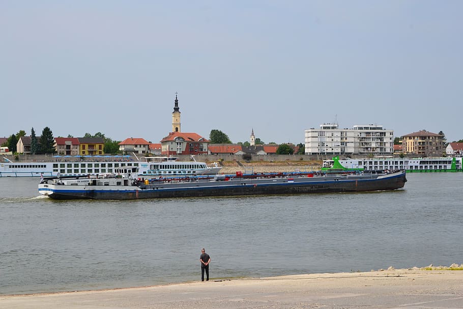 barge, danube, mohács, part, river, water, blue sky, church HD wallpaper