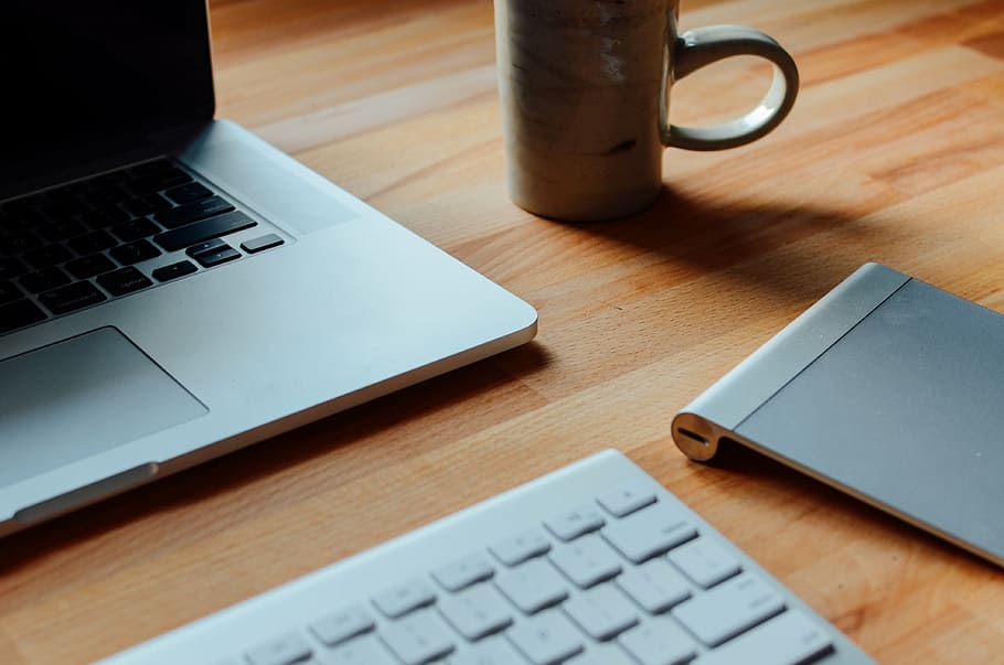 laptop computer on table, apple, macbook, browser, research HD wallpaper