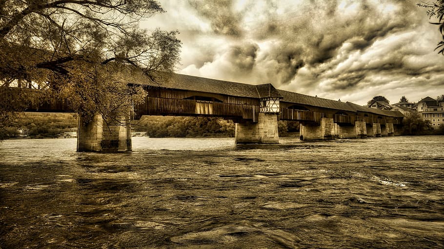 wooden bridge, bad säckingen, rhine, mood, old, architecture, HD wallpaper