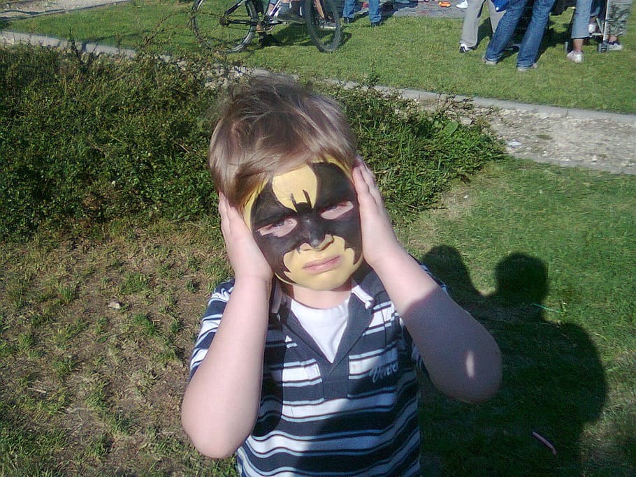 boy in stripe polo shirt standing on green grass, Mask, Face-Paint HD wallpaper