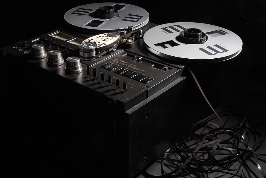 Black Tape Recorder, audio, black-and-white, film, machine, old