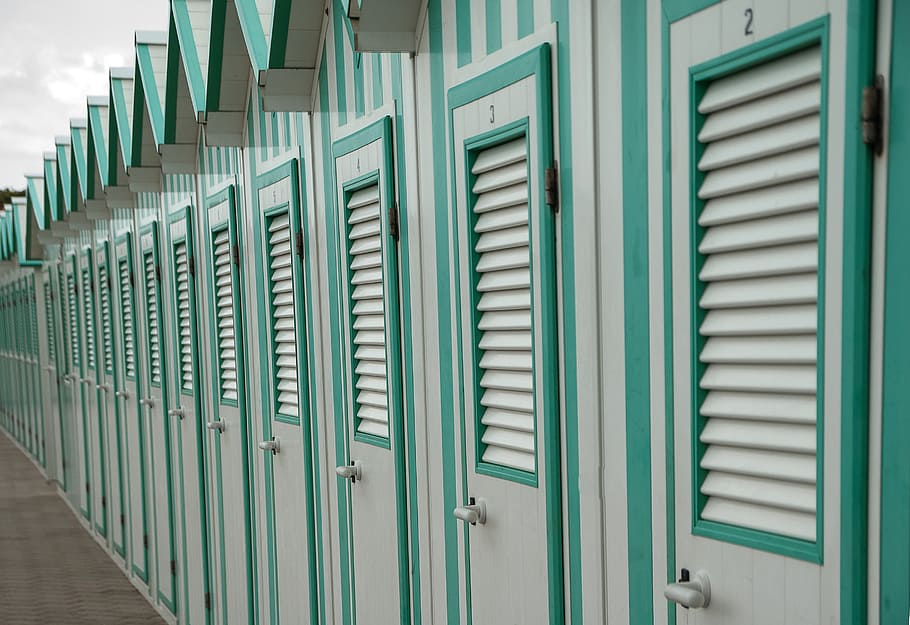 beach, cabins, sea ​​baths, holiday, architecture, built structure HD wallpaper