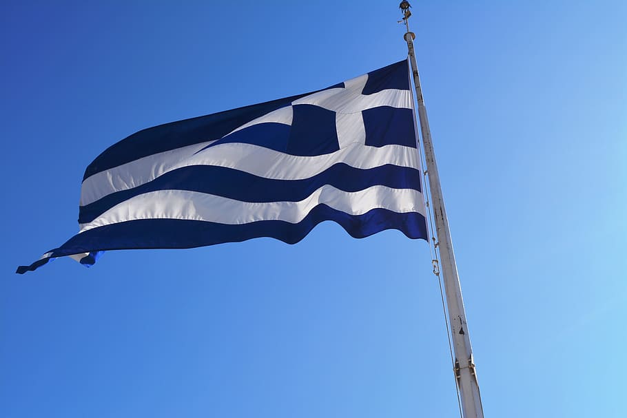 flag, greece, sky, blue, patriotism, wind, low angle view, pole HD wallpaper