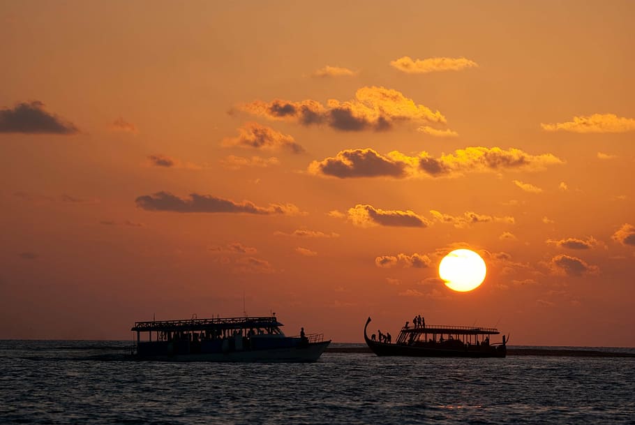 sun, the sea, sunset, sky, nautical vessel, water, transportation HD wallpaper