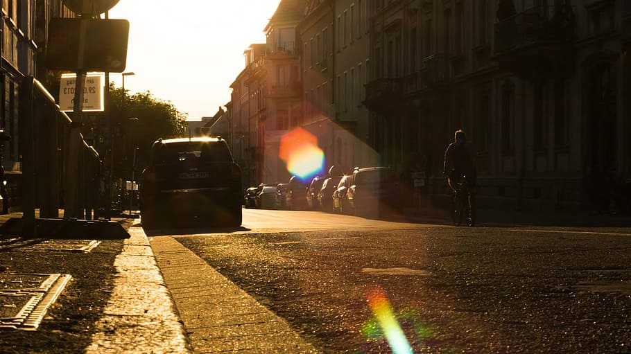 abendstimmung, road, back light, sunset, bike, downtown, skyline HD wallpaper