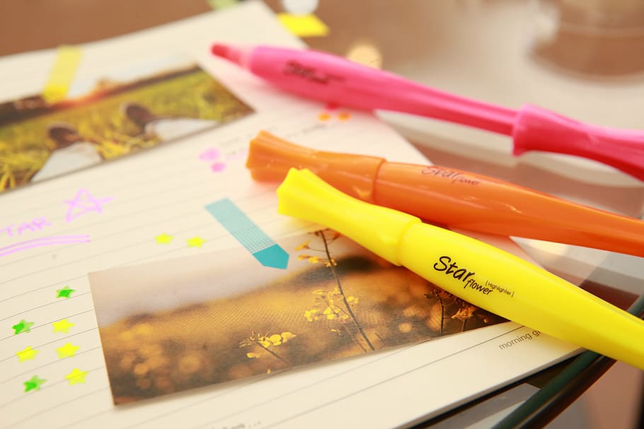 three yellow, pink, and orange pens, highlighter, fluorescent, HD wallpaper